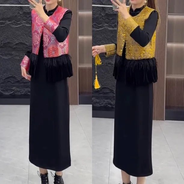 2025秋冬新款国风盘扣加棉马夹上衣+中长款盘扣连衣裙两件套