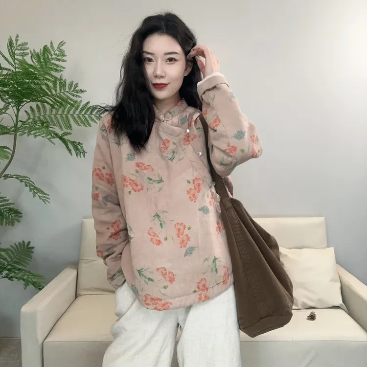 中式复古斜襟手工盘扣长袖加棉冬季小衫上衣秋冬款民族风-9016