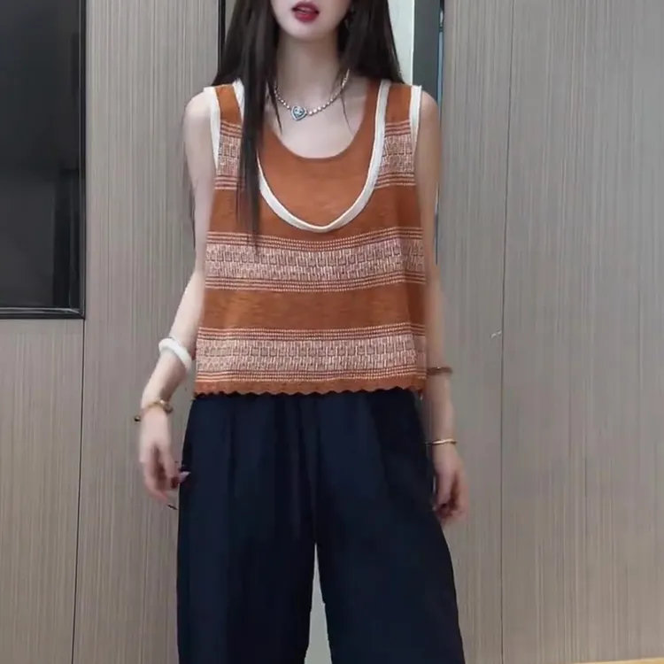 拼色百搭打底背心吊带女2025夏季新款韩版复古撞色条纹针织背心潮