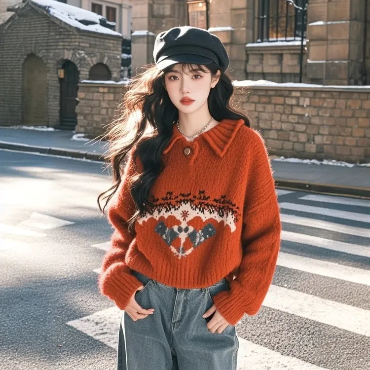 高级感复古费尔岛红色翻领卡通毛衣女2025秋季针织衫上衣宽松外套