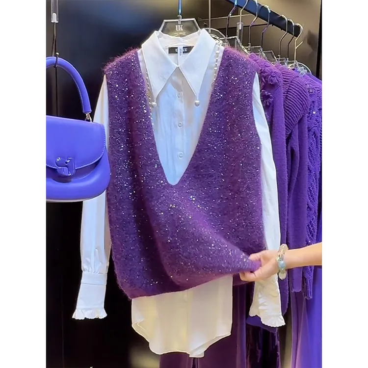 V领针织马甲叠穿白色衬衫两件套女2025秋冬新款时尚气质韩版上衣