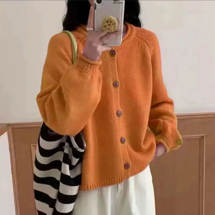 【运费补贴】秋冬新款女装慵懒风宽松纯色针织开衫女毛衣外套上衣