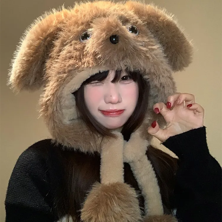 可爱小狗毛绒帽女秋冬新款耳朵会动卡通防寒保暖护耳雷锋帽显脸小