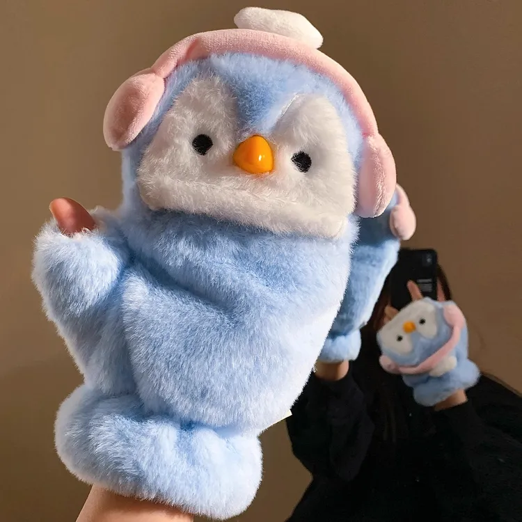 可爱蓝色企鹅可翻盖半指毛绒手套女士冬季加绒防寒防风保暖可触屏