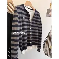 【动漫搞怪】秋冬青灰条纹宽松开衫蓬松软糯毛衣针织衫女