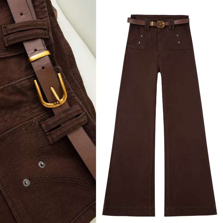 高腰弹力咖啡色牛仔裤女2025秋冬新款宽松微喇显瘦百搭长裤潮7958
