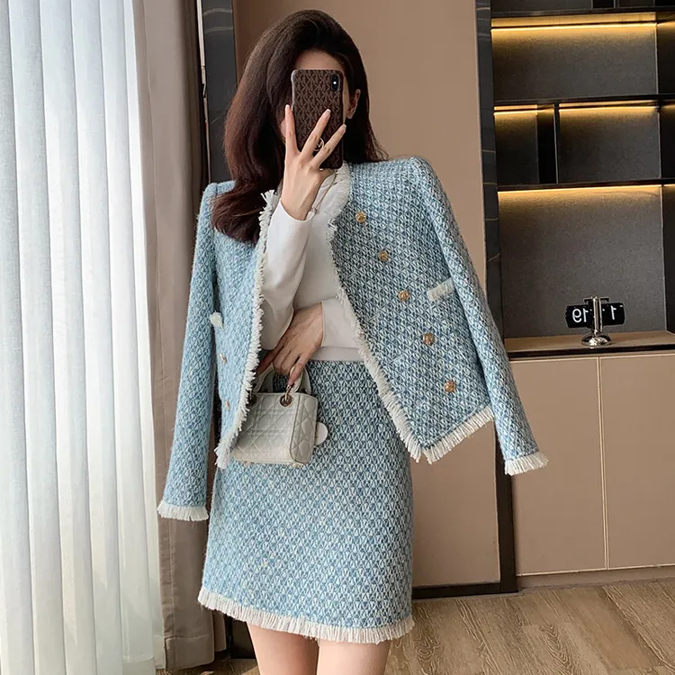 小香风套装女秋冬季气质名媛短外套半身裙两件套小个子穿搭一整套