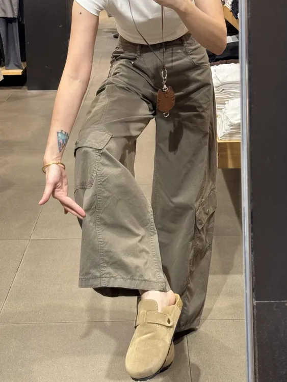 秋季新款美式修身工装牛仔裤女大码百搭显瘦洋气窄版阔腿直筒裤子