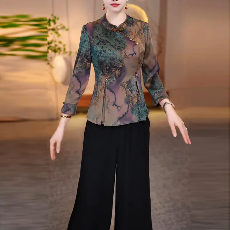 高级洋气国风套装女2025秋季新款妈妈装复古旗袍上衣阔腿裤两件套