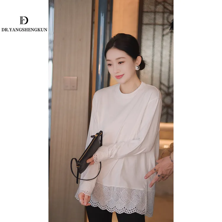 杨圣坤2025冬季新品宽松百搭蕾丝拼接长袖加绒打底T恤ES2511203