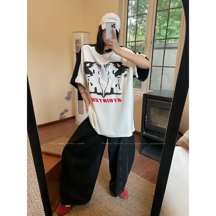 JCCC影子【奶牛T】黑白拼色小狗印花磨毛短袖T恤JE5BBX33