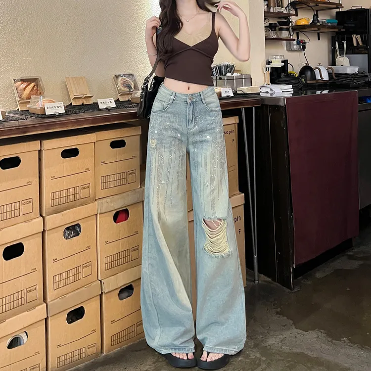 复古美式浅蓝重工流星雨烫钻破洞阔腿牛仔裤女夏季薄款宽松小个子