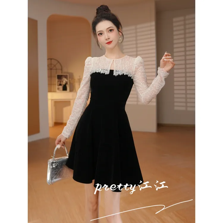 Pretty小众设计师品牌江江定制 圆领拼接高腰新中式连衣裙15563