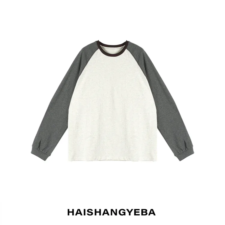 【海上叶爸】新款2025春秋百搭宽松圆领拼色简约通勤休闲T恤