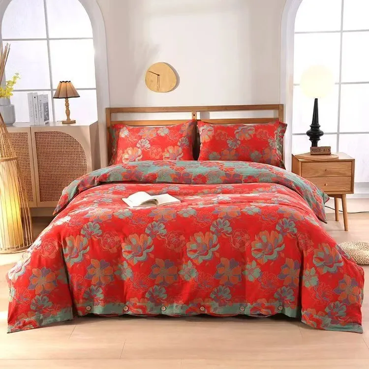 双层纱四季款四件套-风华绝代红复古时尚亲肤大红色高级感结婚用