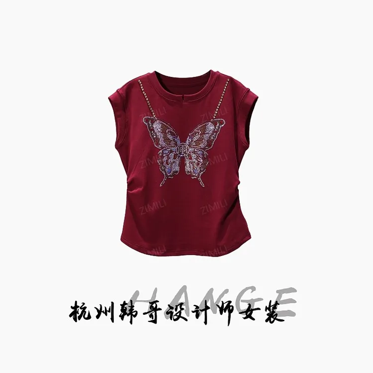 【韩哥女装】2025欧版小众设计师安可拉红蝴蝶烫钻休闲短袖9663-C1