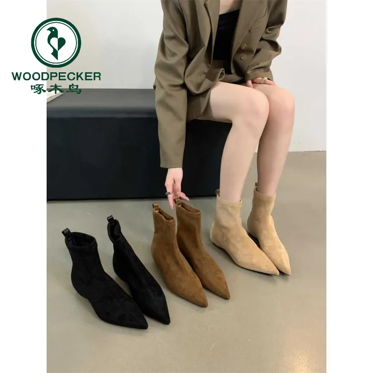 啄木鸟内增高欧美2025秋冬新款简约磨砂绒面袜靴气质尖头短靴女