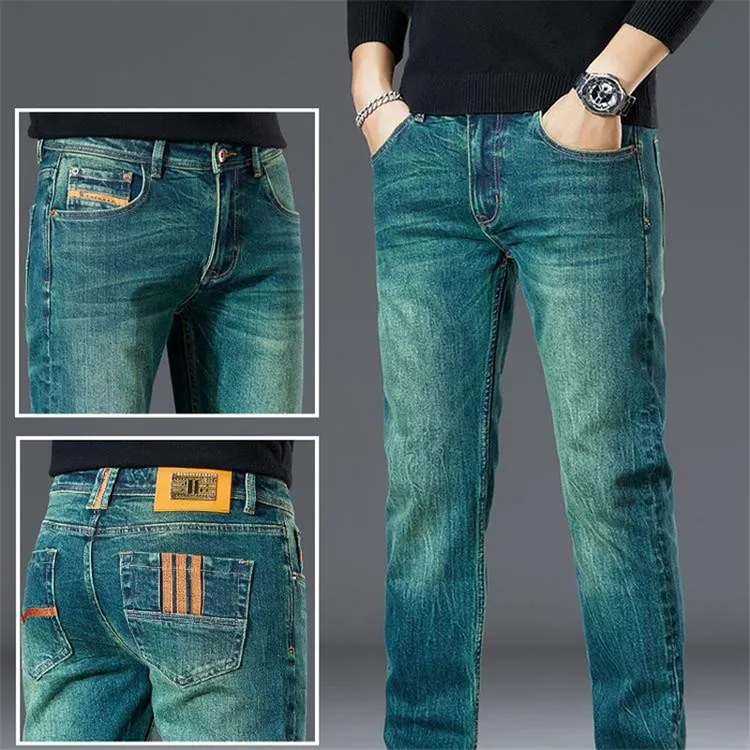 轻奢高端绿色牛仔裤男修身直筒潮牌韩版潮流弹力长裤子2025年新款