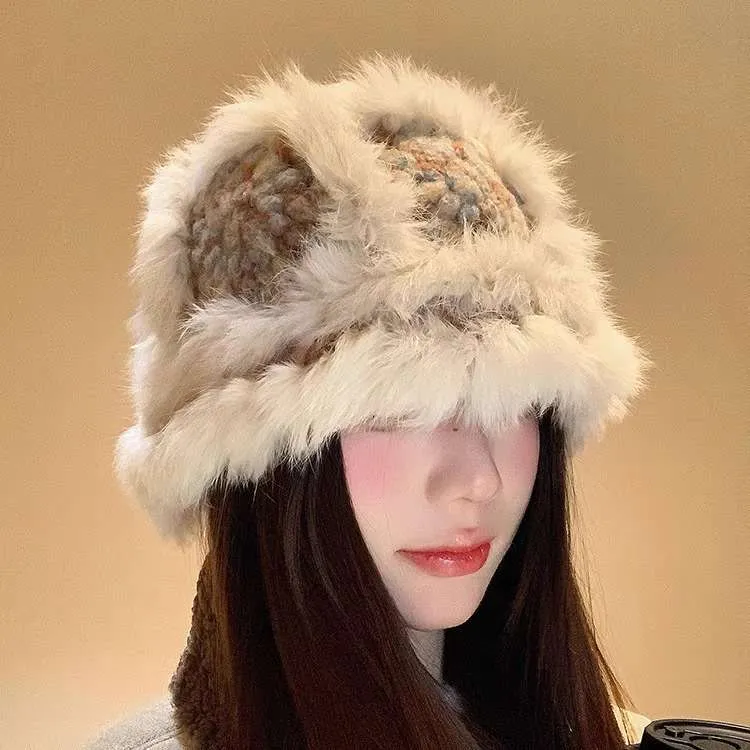 2025新款真兔毛云朵针织醒狮帽子女冬季保暖毛绒绒百搭盆帽显脸