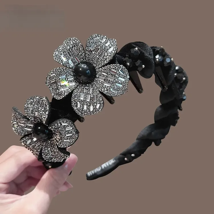 韩版新款秋冬丝绒满钻花朵带齿发箍女高颅顶头箍气质商品图