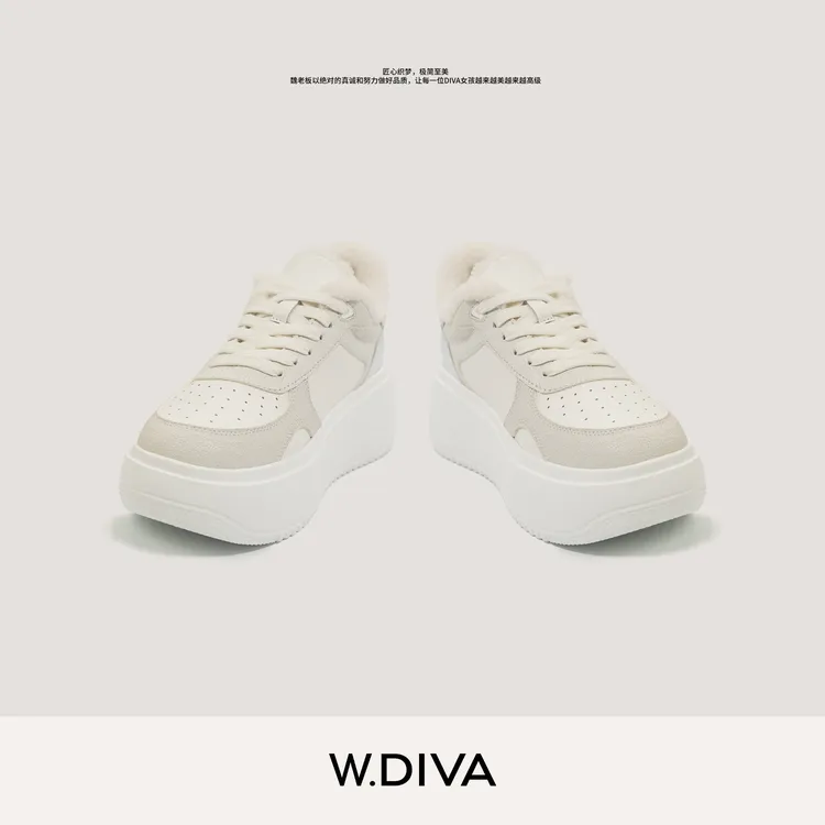 W.Diva【奶霜】秋冬百搭真皮厚底增高小白鞋毛毛休闲鞋54X093350商品图