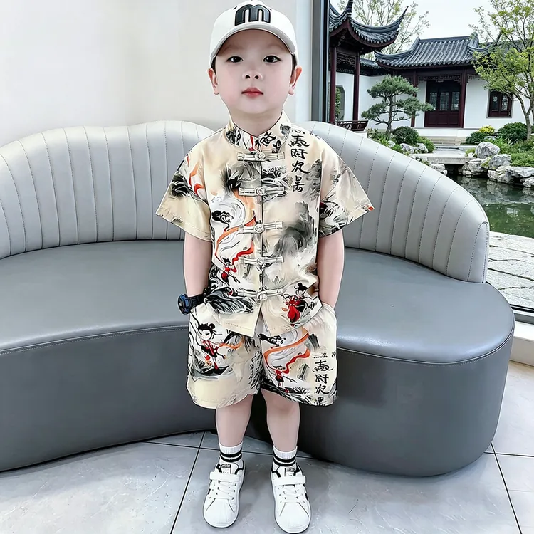 2026新款男宝哪吒衣服夏季汉服儿童礼服新中式国风唐中式短袖套装