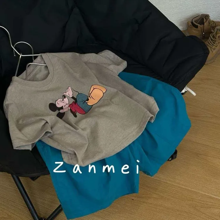 男童26夏季套装米奇印花短袖T恤蓝色短裤两件套儿童休闲洋气夏装