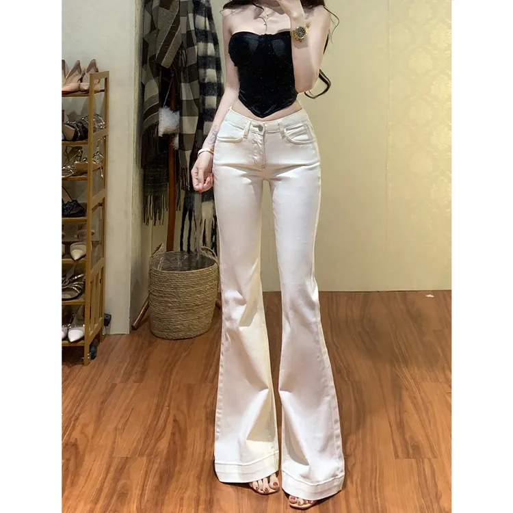韩女气质白色微喇牛仔裤女2025秋季新款基础款中低腰修身显瘦裤