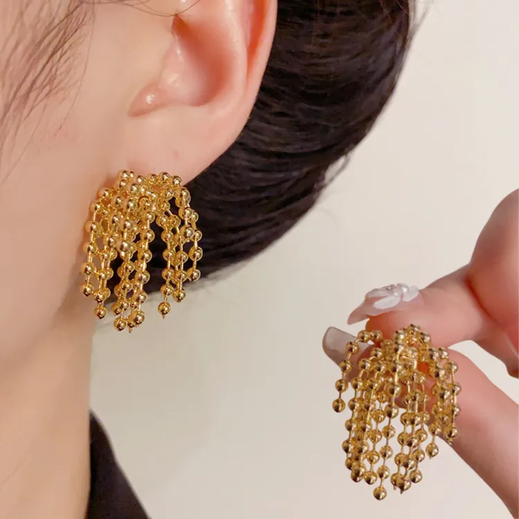 铜合金耳饰  小众高级感金属球球烟花流苏耳钉女夸张时尚古法耳环