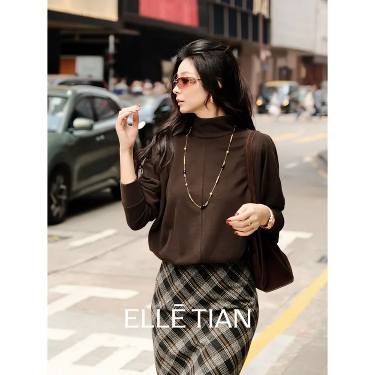 ELLETIAN "城市游踪"山羊绒+桑蚕丝+醋酸松紧下摆高领上衣EZDT003