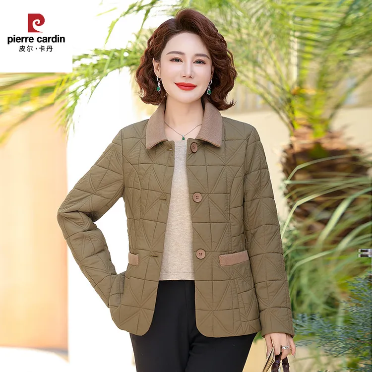 皮尔卡丹冬季新款轻薄棉衣中老年女装棉服外套妈妈秋冬季翻领薄棉