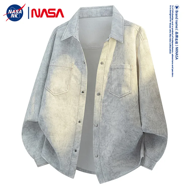 NASA联名美式复古外套男女同款春秋季大码扎染设计感简约长袖衬衫