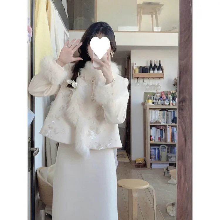 新中式国风小香风夹棉套装女高级感冬盘扣夹棉内胆毛呢外套两件套