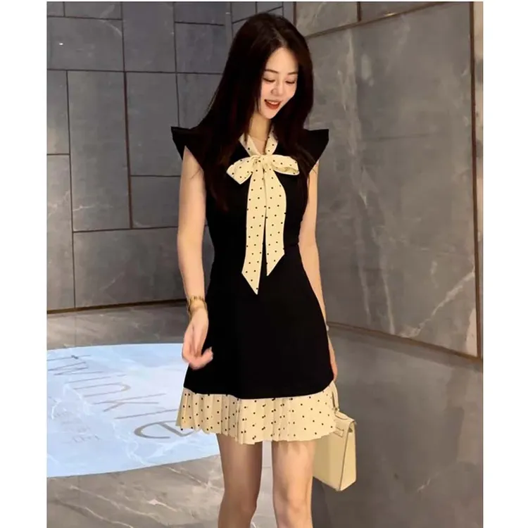 高端女装2025新款复古拼接撞色蝴蝶结波点百褶收腰连衣裙D2857