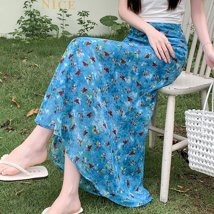 蓝色碎花油画半身裙女夏季时尚高腰修身显瘦a字垂感长裙子