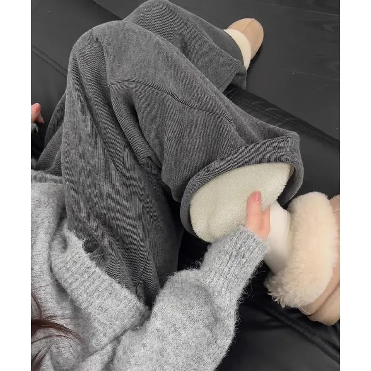 灰色糯米裤女秋冬季加绒加厚2025新款春美式1直小个子黑色糯米