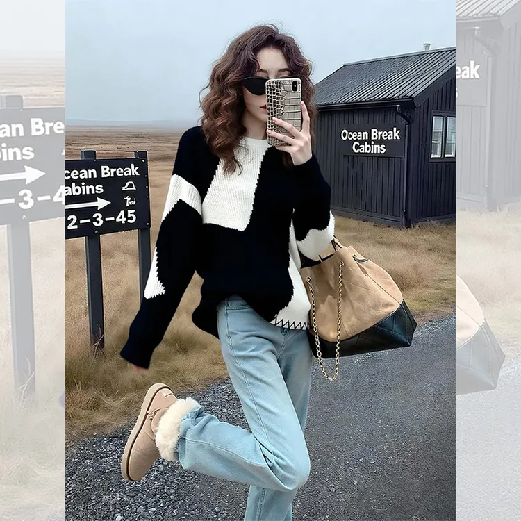 2025漂亮时髦洋气炸街针织衫女秋冬内搭黑色拼接长袖毛衣针织上衣