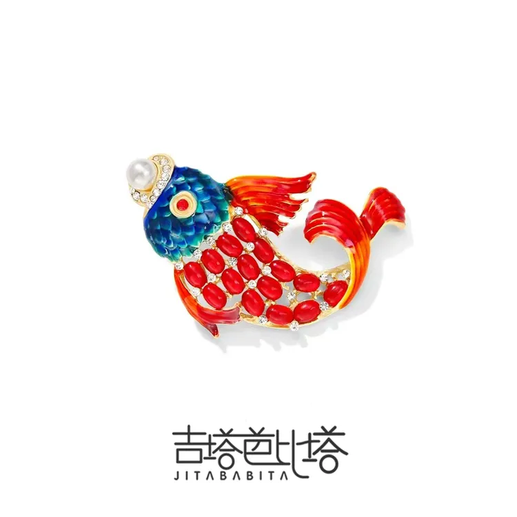铜合金合成锆石胸针 金色拼色欧美风胸针红色鲤鱼首饰配饰 SP-002