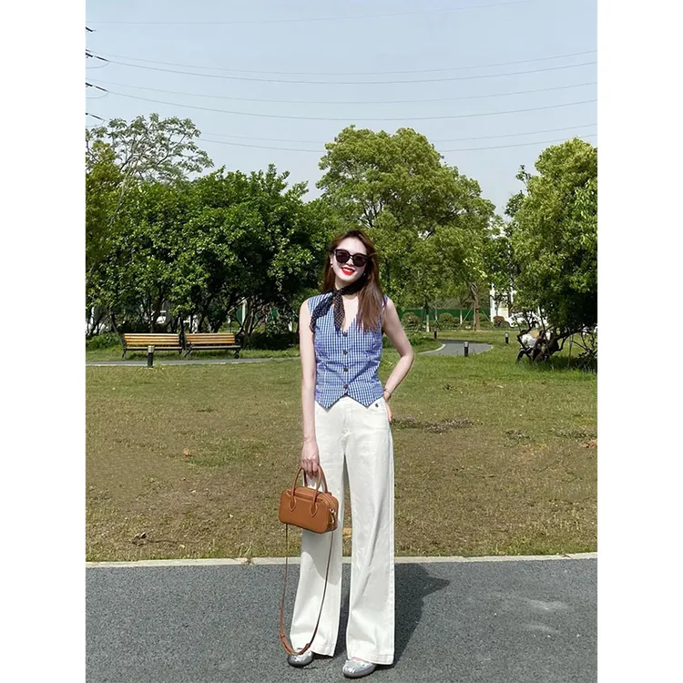 网红洋气女装通勤时尚气质设计感格子背心上衣百搭显瘦直筒长裤女