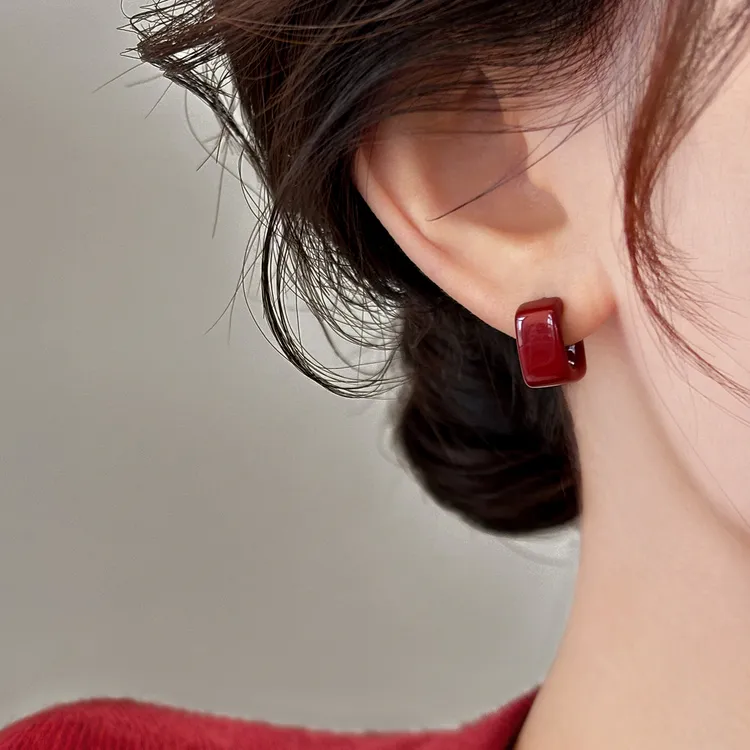 铜合金耳饰 复古红色滴釉耳钉女秋冬百搭高级感气质耳环新年耳饰