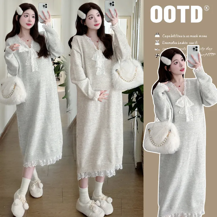孕妇连衣裙秋季2025新款休闲慵懒风蝴蝶结蕾丝系带毛衣裙针织长裙