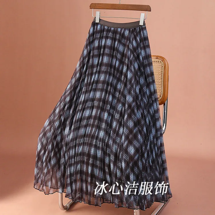 复古格子A字大摆网纱半身裙女款爆款2025秋季新款高腰显瘦长裙子