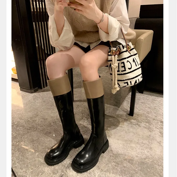 真皮加绒不过膝长筒靴女黑白拼色骑士靴厚底粗跟长靴后拉链高筒靴