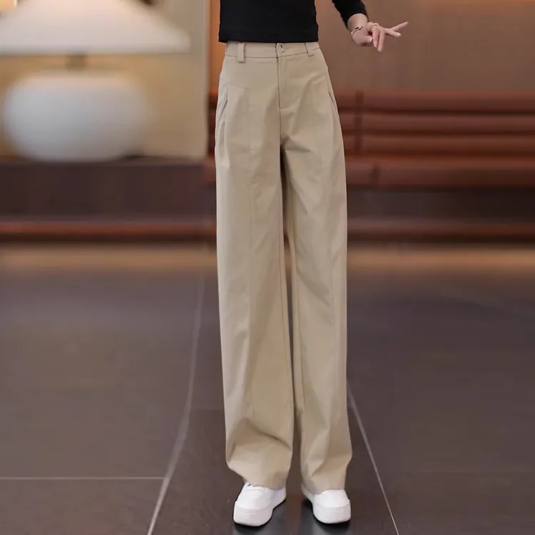 拉夏贝尔弯刀阔腿裤女秋季2025款高腰宽松垂感百搭直筒休闲西装裤