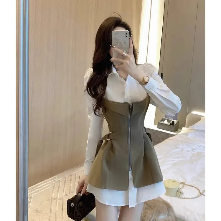 假两件女新款拼接衬衫2024连衣裙春秋显瘦设计感小众收腰修身法式