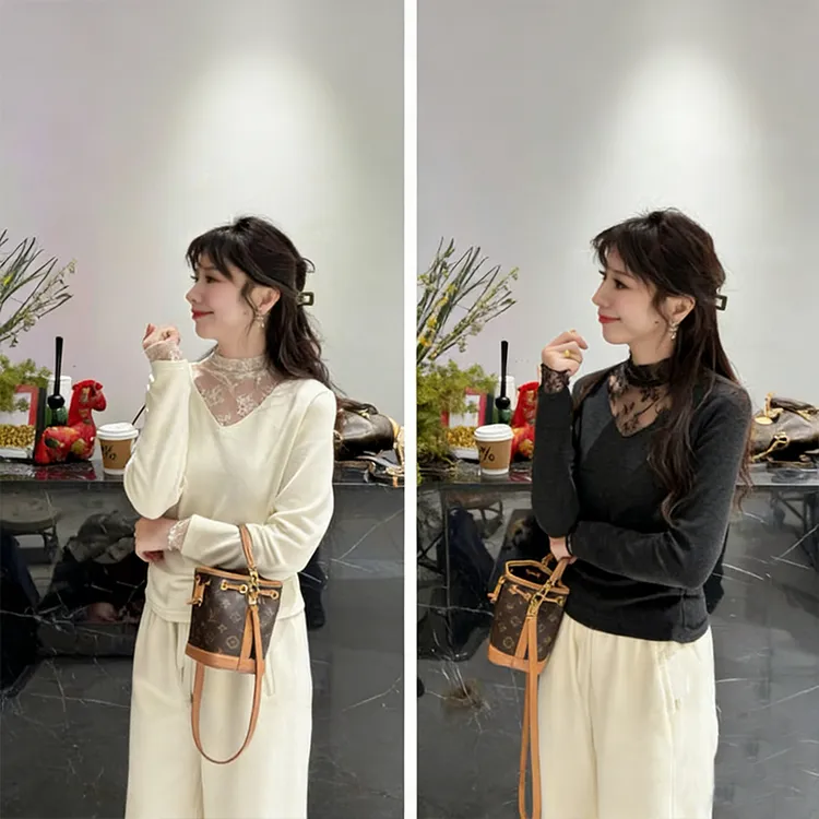 冬季德绒气质保暖假两件蕾丝上衣韩系时尚拼接长袖T恤春季打底衫