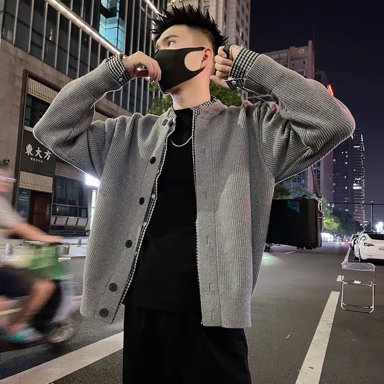 秋季新款假两件毛衣针织衫男拼接格子时尚复古小立领长袖开衫外套