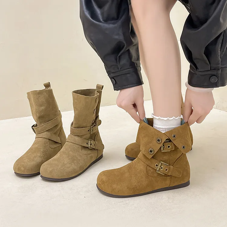 OJRZ复古磨砂皮短靴西部牛仔时装靴女2025秋冬新款简约舒适马丁靴
