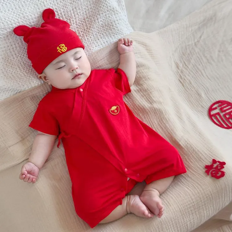 新生儿夏季连体衣宝宝满月周岁百天大红色纯棉衣服婴儿薄款和尚服
