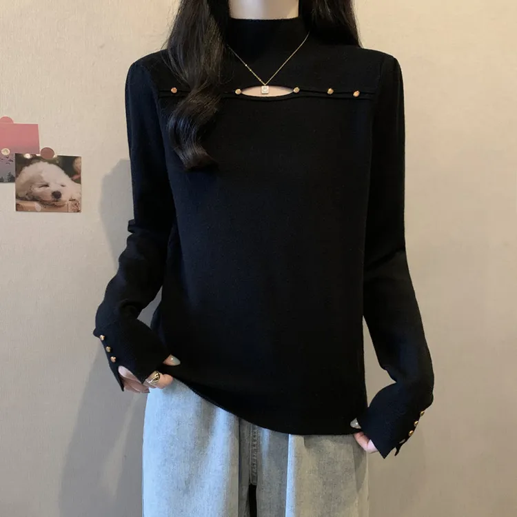 德绒大码女装打底衫半高领内搭秋冬修身显瘦胖mm设计感镂空上衣